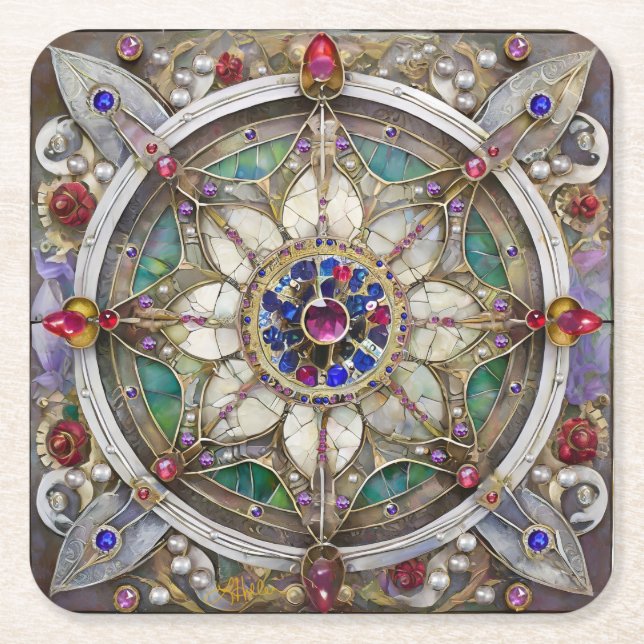 Ruby, Amethyst, Sapphire and, Pearl Mandala Square Paper Coaster (Front)