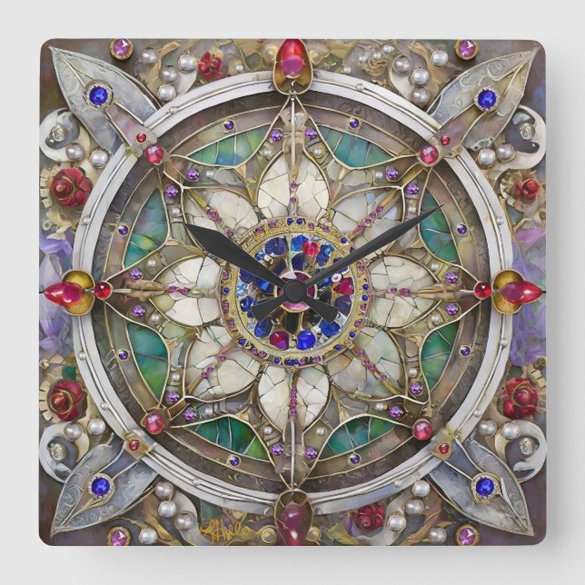 Ruby, Amethyst, Sapphire and, Pearl Mandala Square Wall Clock (Front)