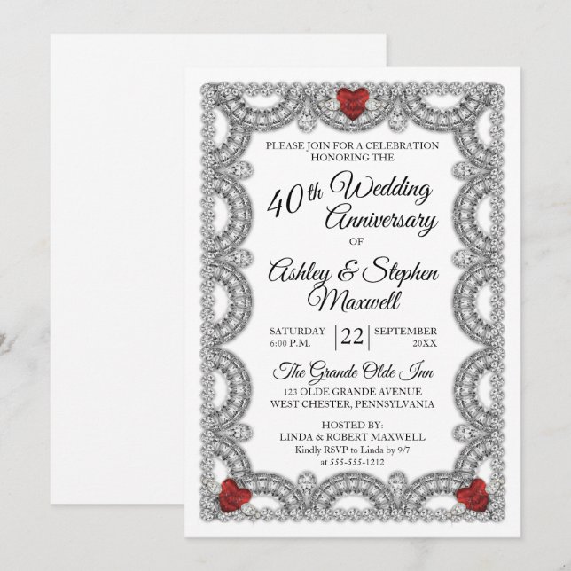 Ruby and Diamond 40th Wedding Anniversary Party Invitation (Front/Back)