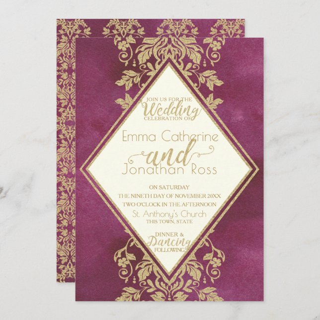 Ruby and Gold Damask Wedding Invitation (Front/Back)