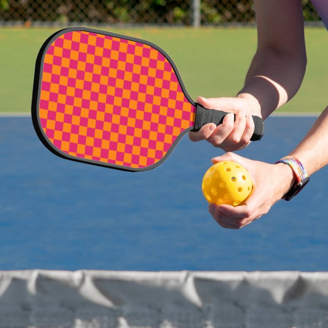 Ruby and Orange Chequered Vintage Pickleball Paddle (Insitu)