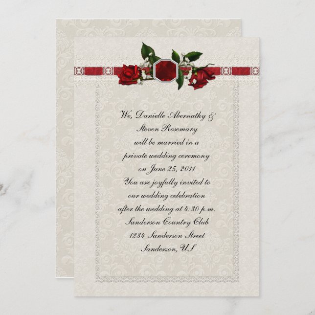 Ruby and Red Roses Ribbon Post Wedding Invitation (Front/Back)