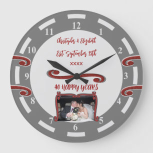 Ruby Anniversary 40 years add names photo grey Large Clock