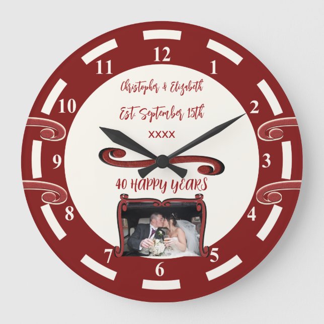 Ruby Anniversary 40 years add names photo red Large Clock (Front)