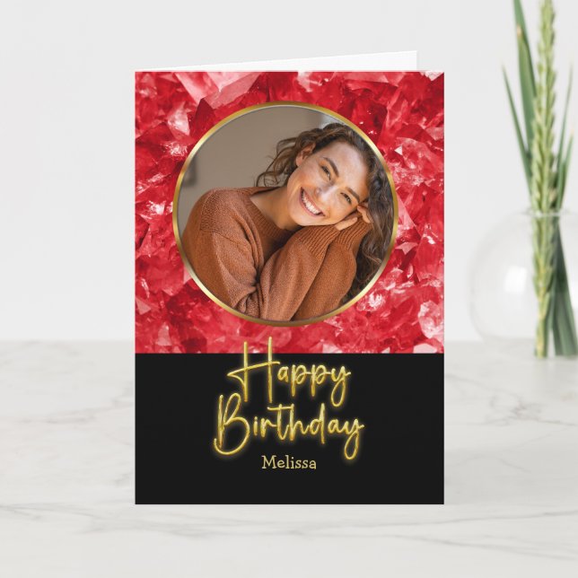 Ruby Birthstone Gold Script Photo Birthday Card (Front)