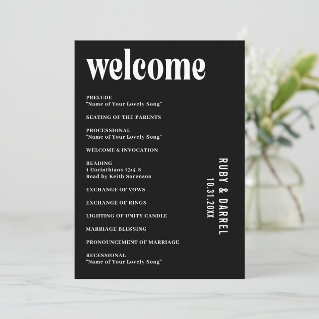 Ruby Black Modern Wedding Programme (Standing Front)