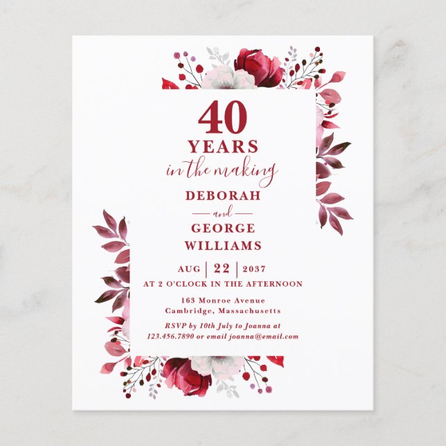 Ruby Budget 40th Wedding Anniversary Floral Invite (Front)
