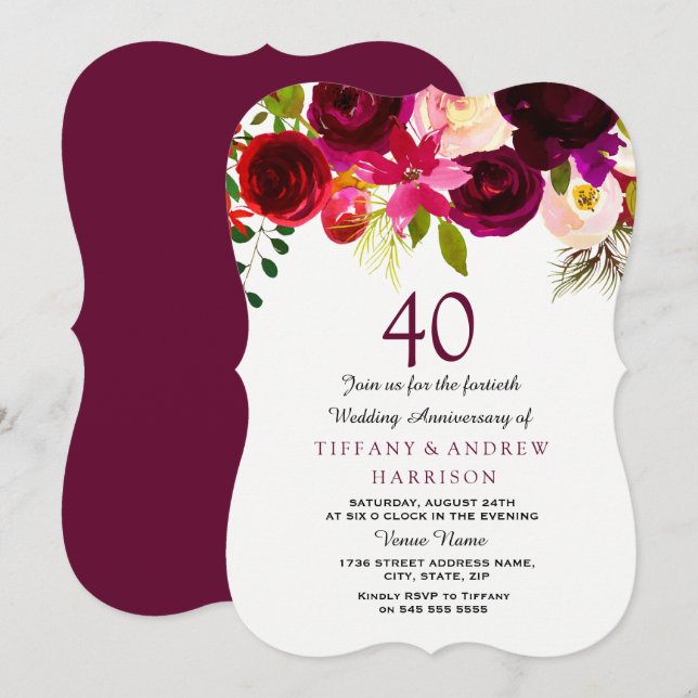 Ruby Burgundy Red Floral 40th Wedding Anniversary Invitation (Front/Back)