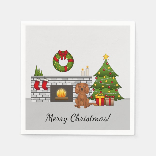 Ruby Cavalier Dog In A Christmas Room & Text Napkin (Front)