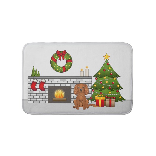 Ruby Cavalier Dog In A Festive Christmas Room Bath Mat (Front)