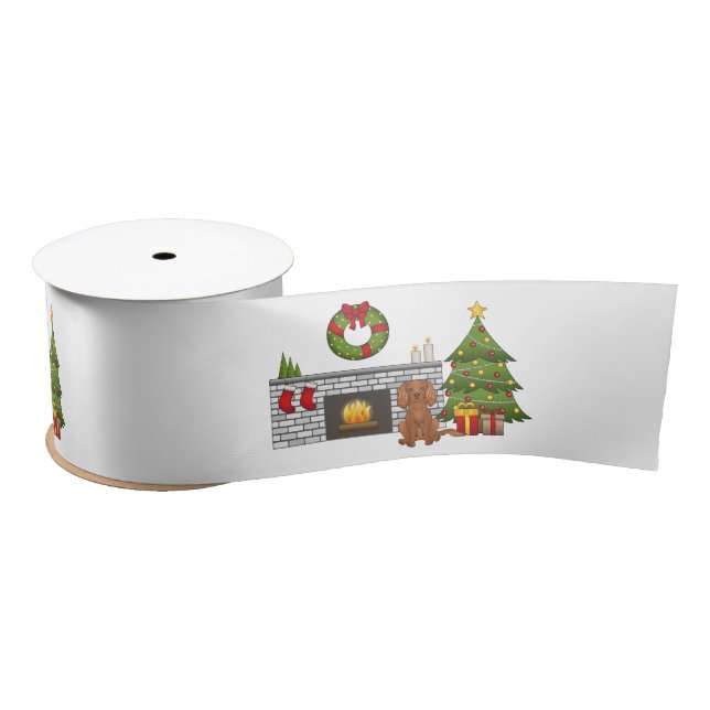 Ruby Cavalier Dog In A Festive Christmas Room Satin Ribbon (Spool)