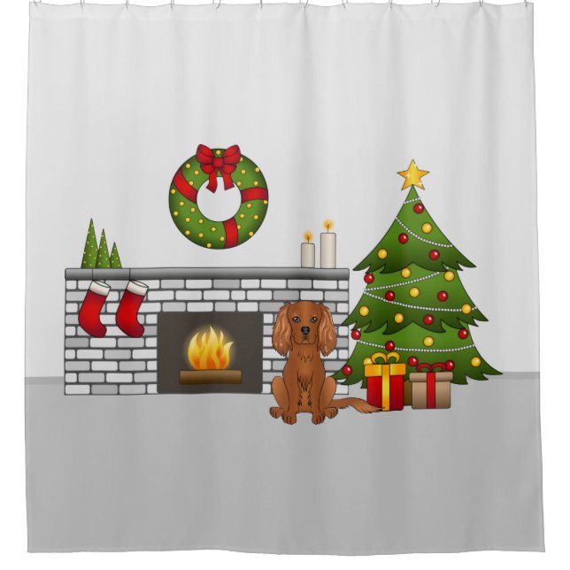 Ruby Cavalier Dog In A Festive Christmas Room Shower Curtain (Front)