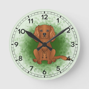 Ruby Cavalier King Charles Spaniel Dog On Green Round Clock