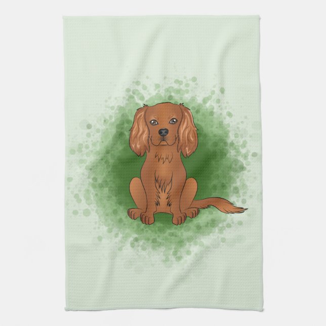 Ruby Cavalier King Charles Spaniel Dog On Green Tea Towel (Vertical)