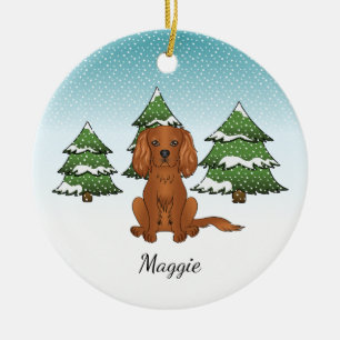 Ruby Cavalier King Charles Spaniel In Winter Ceramic Tree Decoration