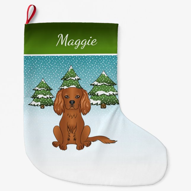 Ruby Cavalier King Charles Spaniel In Winter Large Christmas Stocking (Front)