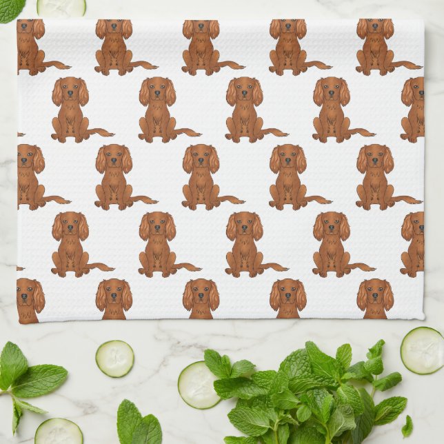 Ruby Cavalier King Charles Spaniel Pattern Tea Towel (Folded)
