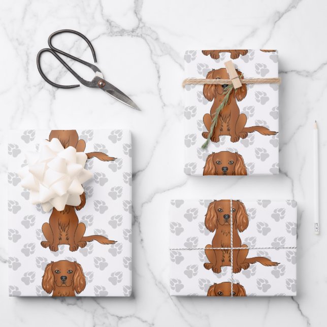 Ruby Cavalier King Charles Spaniel Pattern Wrapping Paper Sheet (Front)