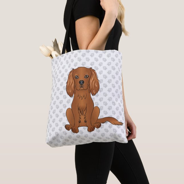 Ruby Cavalier King Charles Spaniel & Paws Tote Bag (Close Up)