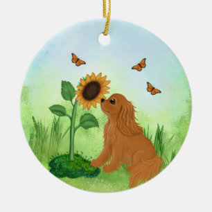 Ruby Cavalier King Charles Spaniel with Sunflower Ceramic Tree Decoration