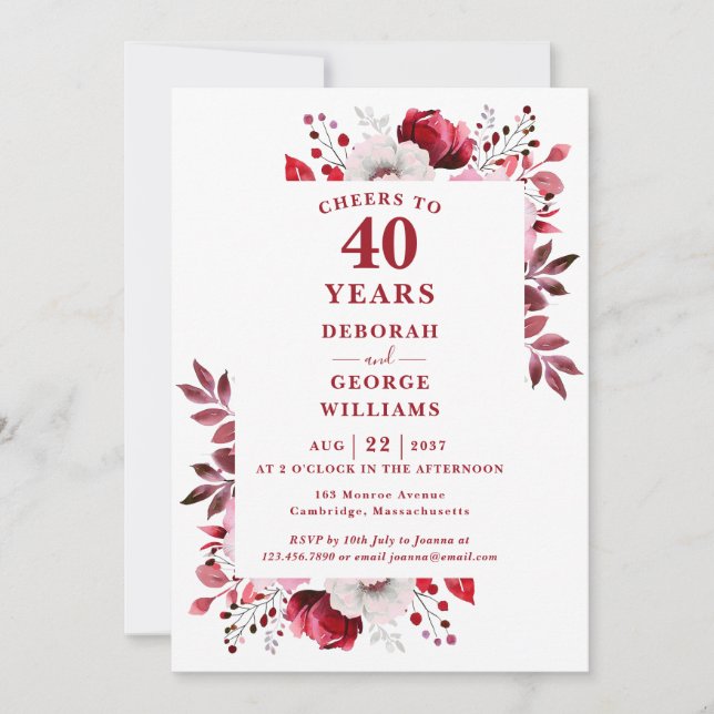 Ruby Cheers To 40 Years Wedding Anniversary  Invitation (Front)