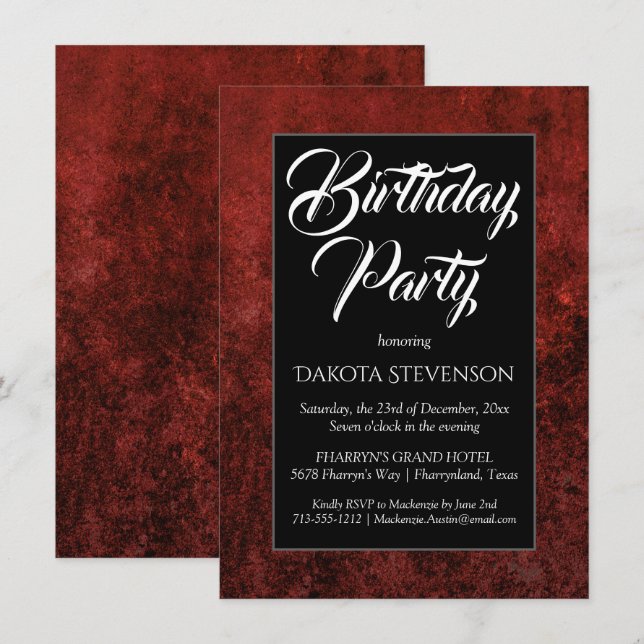 Ruby Crimson Red | Classic Grunge Birthday Party Invitation (Front/Back)