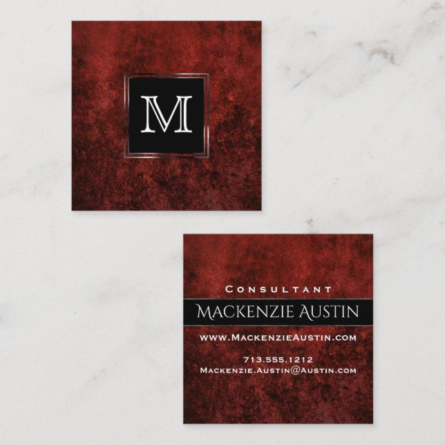 Ruby Crimson Red | Classic Grunge Monogram Square Business Card (Front/Back)