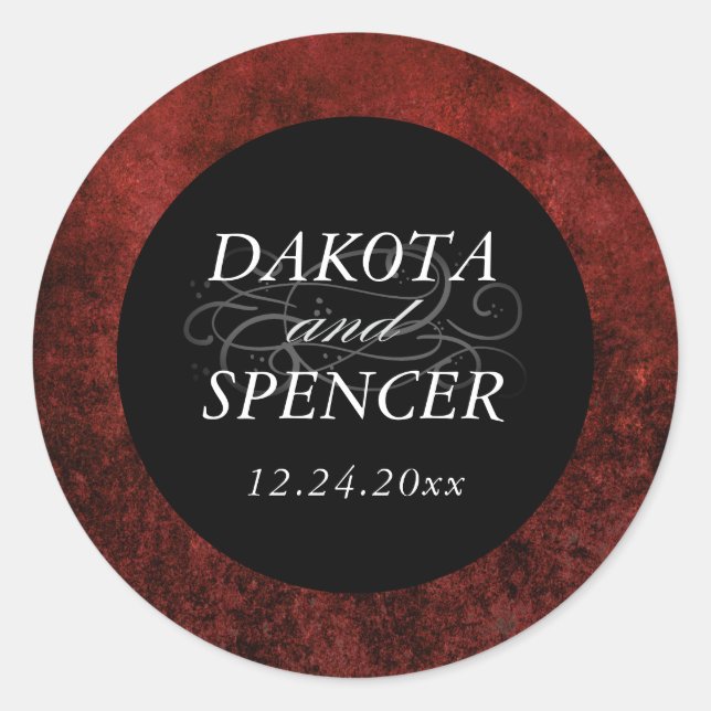 Ruby Crimson Red | Classic Grunge Wedding Names Round Sticker (Front)