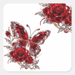 Ruby Crystal Butterfly & Rose Square Sticker