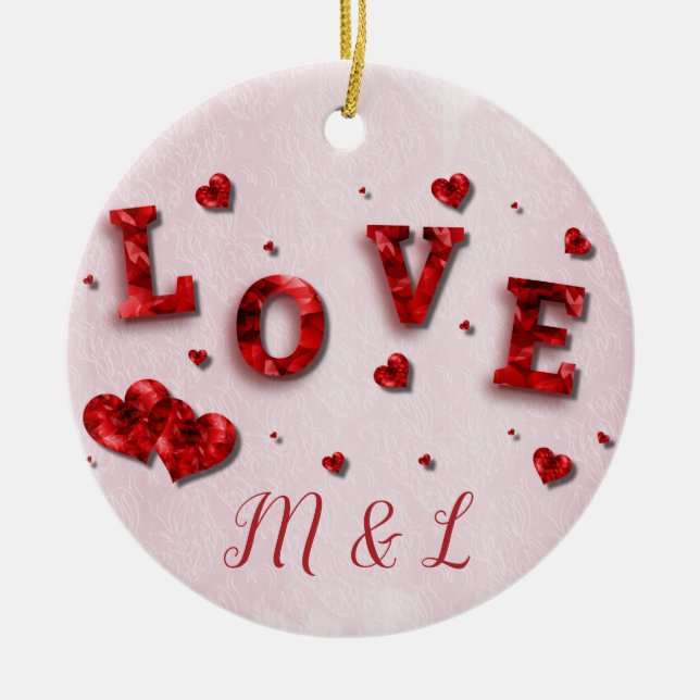 Ruby Crystal Love and Hearts Initial Ornament (Front)