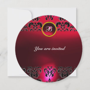 RUBY DAMASK GEM STONE MONOGRAM black red burgundy Invitation
