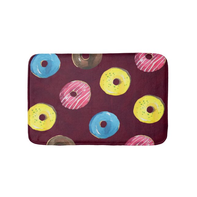 Ruby Doughnuts: Watercolor Seamless Pattern. Bath Mat (Front)