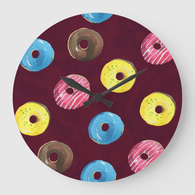 Ruby Doughnuts: Watercolor Seamless Pattern. Large Clock (Front)