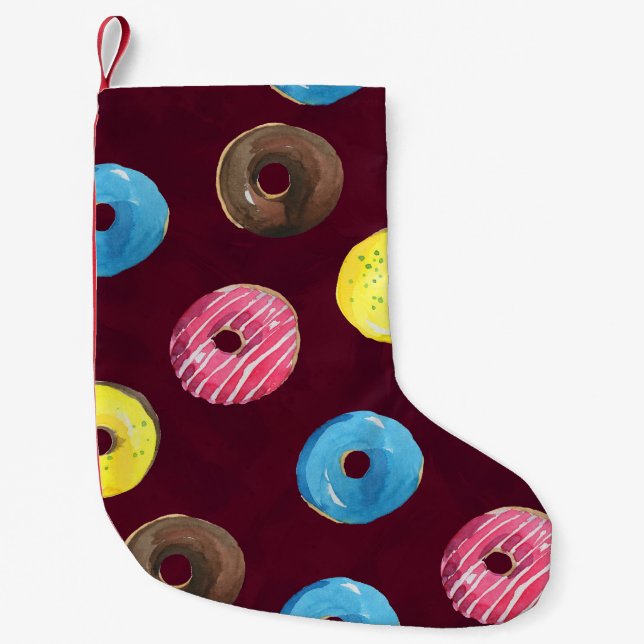 Ruby Doughnuts: Watercolor Seamless Pattern. Small Christmas Stocking (Front)