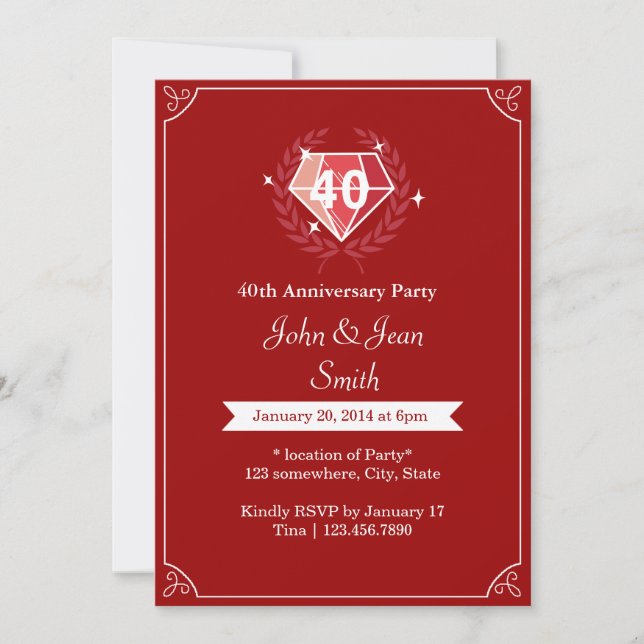 Ruby Gems 40th Wedding Anniversary Party Invites (Front)
