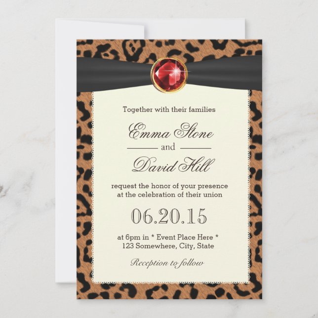 Ruby Gemstone Black Ribbon Leopard Print Wedding Invitation (Front)