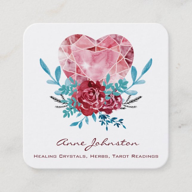 Ruby Heart Boho Floral Watercolor Square Business Card (Front)