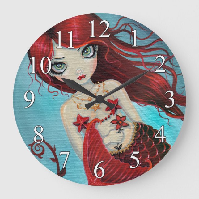 Ruby Mermaid Fantasy Art Wall Clock (Front)