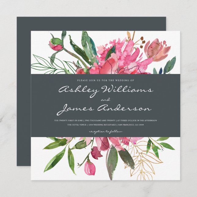 Ruby Peony Floral Wedding Invitation | Square (Front/Back)