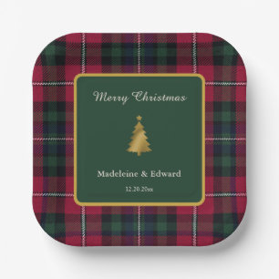 Ruby Pine Holiday Tartan Gold Tree Square Paper Plate
