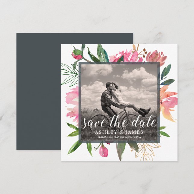 Ruby Pink Peony Botanical Photo Save the Date Invitation (Front/Back)