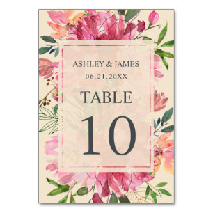 Ruby Pink Peony Floral Botanical Ivory Wedding Table Number