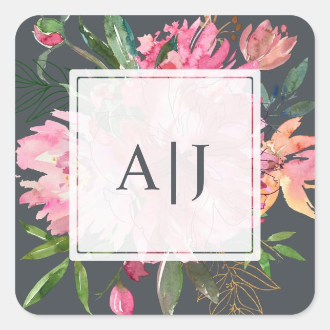 Ruby Pink Peony Floral Botanical Monogram Square Sticker (Front)