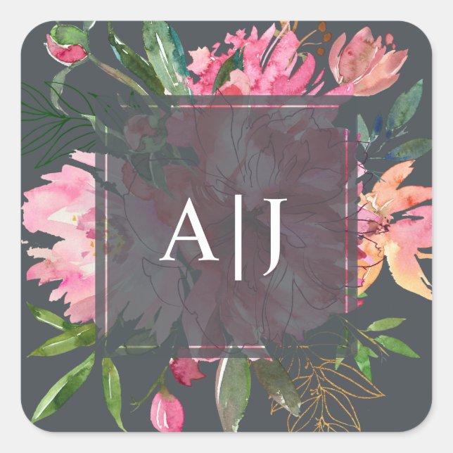 Ruby Pink Peony Floral Botanical Monogram Square Sticker (Front)