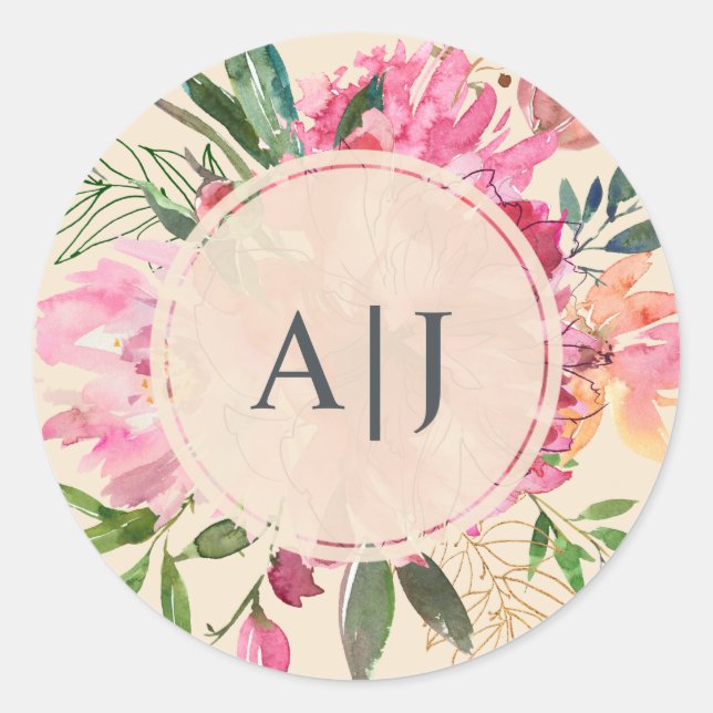 Ruby Pink Peony Floral Botanical Monogram Wedding Classic Round Sticker (Front)