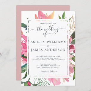 Ruby Pink Peony Floral Botanical Wedding Invitation