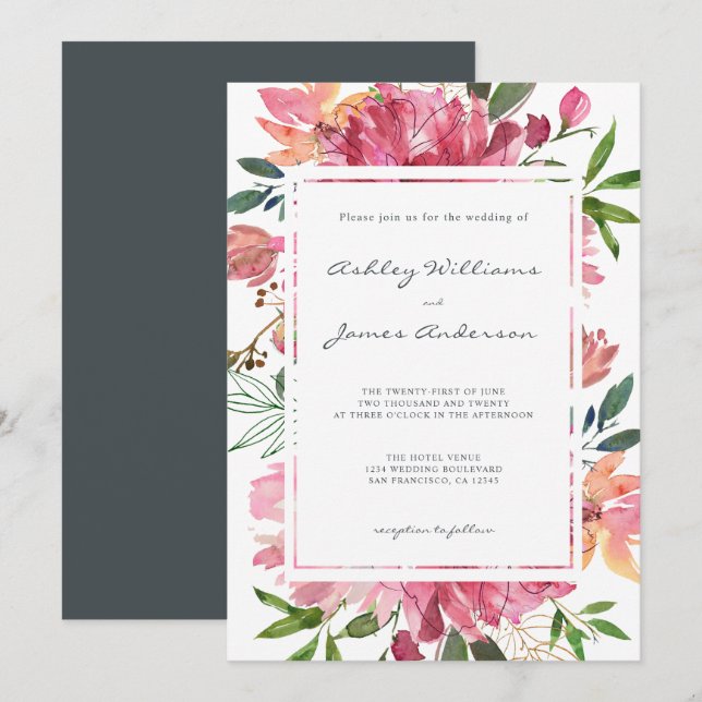 Ruby Pink Peony Floral Botanical Wedding Invitation (Front/Back)