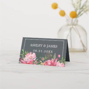 Ruby Pink Peony Floral Botanical Wedding Place Card
