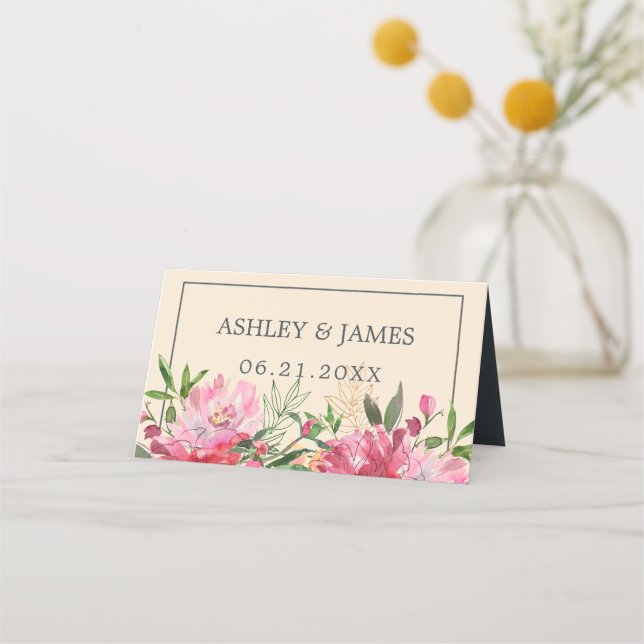 Ruby Pink Peony Floral Botanical Wedding Place Card (Front)