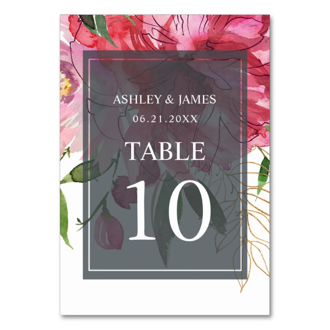 Ruby Pink Peony Floral Botanical Wedding Table Number (Front)